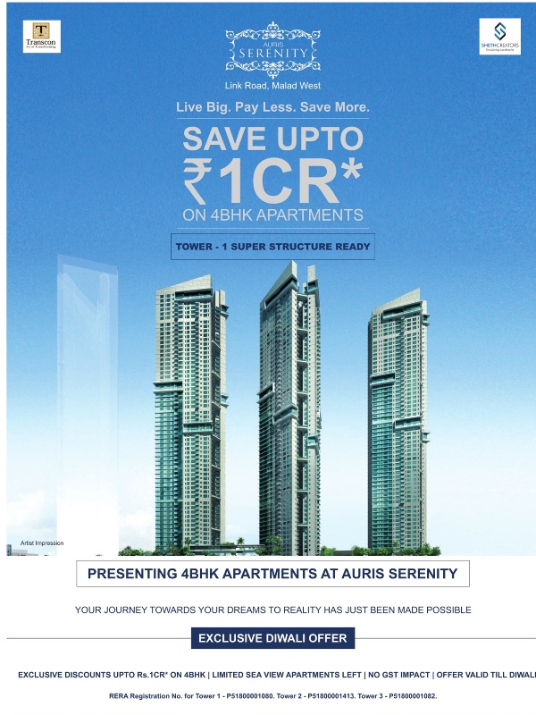 Save Upto Rs. 1 Cr. on 4 BHK apartments at Auris Serenity, Malad W, Mumbai Update